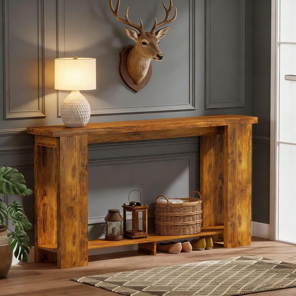 Farmhouse Console Table, 63" Narrow Entryway Table With Thickened Tabletop_maomaolike.com