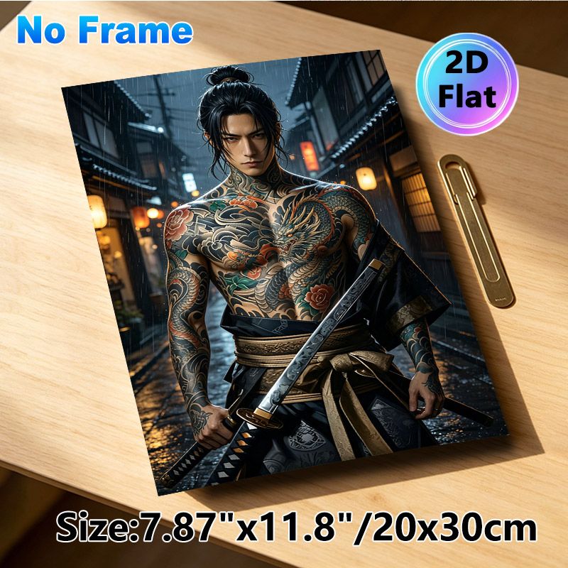 Japanese Samurai Painting Poster, Mysterious Dark Rainy Ancient Alley Scene Poster, Vivid Tattooed Warrior With Katana Design, Ideal For Home And_maomaolike.com