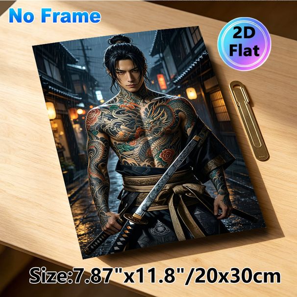 Japanese Samurai Painting Poster, Mysterious Dark Rainy Ancient Alley Scene Poster, Vivid Tattooed Warrior With Katana Design, Ideal For Home And_maomaolike.com