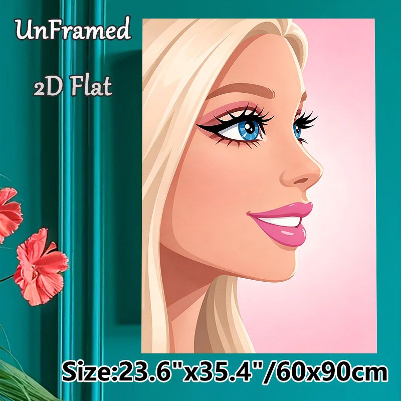 Blonde Glamorous Lady Painting Poster, Soft Pink-toned Cartoon Style Poster, Elegant Portrait With Vivid Blue Eyes And Glossy Pink Lips, Ideal For_maomaolike.com