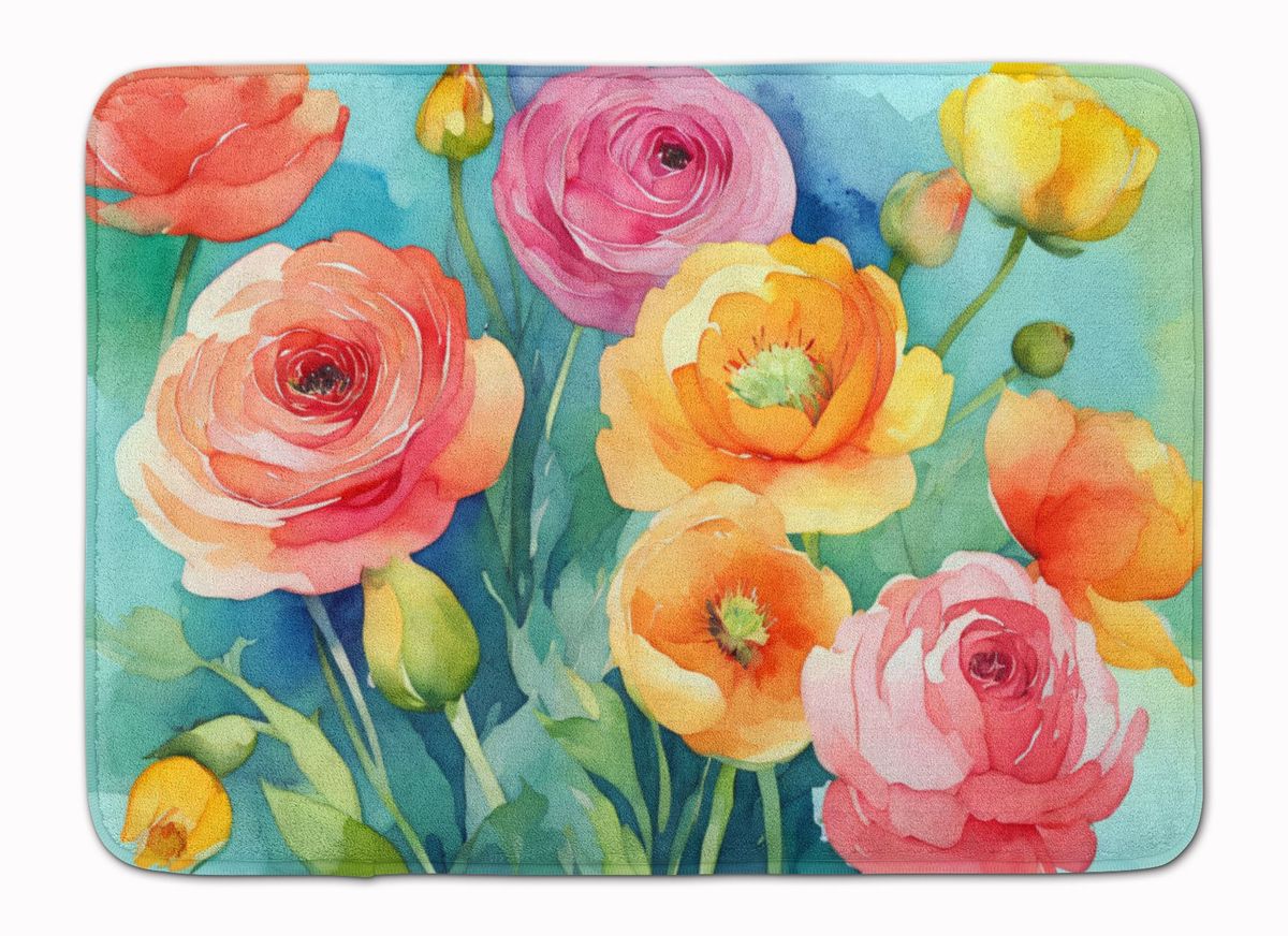 Ranunculus In Watercolor Memory Foam Kitchen Mat Machine Washable Anti-Fatigue Mat Cushion Comfort Bath Mat Or Kitchen Rug_maomaolike.com
