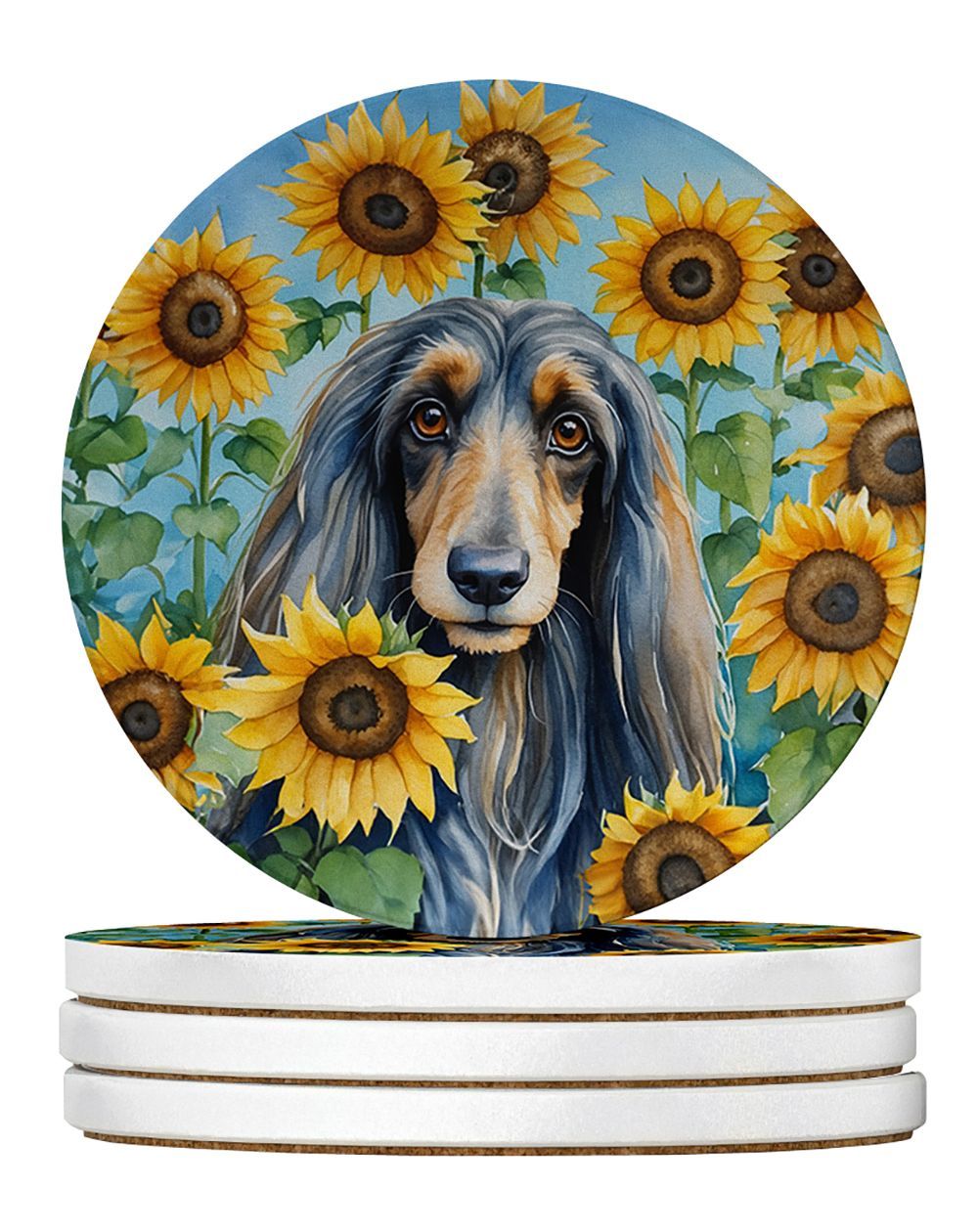 Afghan Hound In Sunflowers Large Sandstone Coasters Pack Of 4 Absorbent Round Coasters Decor Gifts For Men Or Women, 4 In, Multicolor_maomaolike.com
