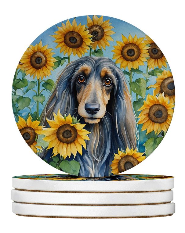 Afghan Hound In Sunflowers Large Sandstone Coasters Pack Of 4 Absorbent Round Coasters Decor Gifts For Men Or Women, 4 In, Multicolor_maomaolike.com