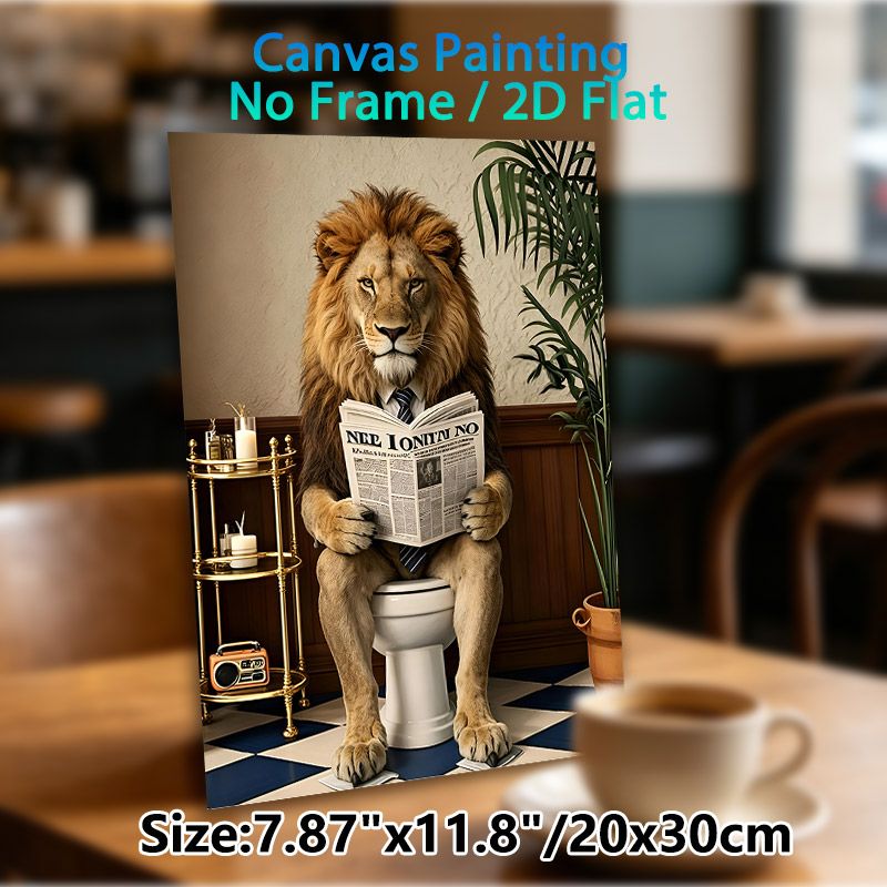 Anthropomorphic Lion Reading Newspaper Painting Poster, Whimsical Humorous Bathroom Scene Poster, Playful Quirky Decor Ideal For Bathroom, Living Room_maomaolike.com