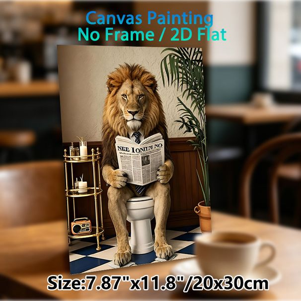 Anthropomorphic Lion Reading Newspaper Painting Poster, Whimsical Humorous Bathroom Scene Poster, Playful Quirky Decor Ideal For Bathroom, Living Room_maomaolike.com