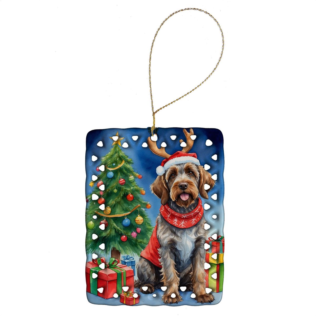Wirehaired Pointing Griffon Christmas Reindeer Porcelain Ornament Christmas Tree Hanging Decorations For Home Christmas Holiday, Rectangle, Gift, Multicolor_maomaolike.com