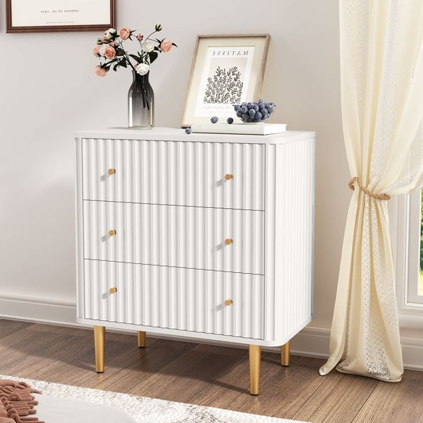 Modern 3 Drawer Dresser For Bedroom, Storage Chest Of Drawers, White Wood Dresser Organizer With Fluted Texture, Accent Storage Dresser Cabinet For Living Room, Closet, Hallway_maomaolike.com