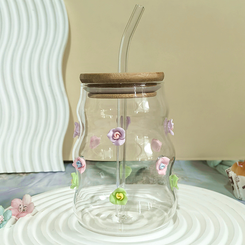 Creative Rose Glass Cup, Niche High-value Juice Milk Tea Cup, Exquisite Cup, Large Capacity Water Cup With Straw_maomaolike.com