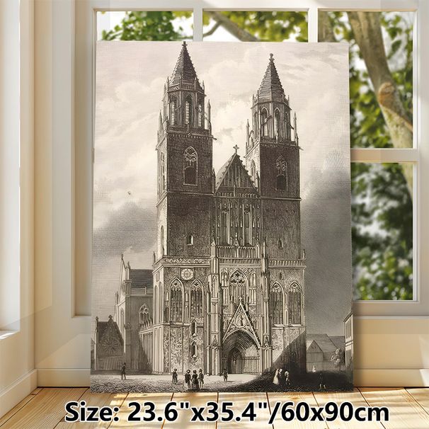 Gothic Cathedral Painting Poster, Vintage Monochrome Engraved Cathedral Scene Poster, Classic Architectural Artwork Ideal For Living Room, Study And_maomaolike.com