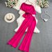 Women's Clothing elegant short sleeved oblique collar, off shoulder waisted short top, two piece suit, high waist wide leg pants_maomaolike.com