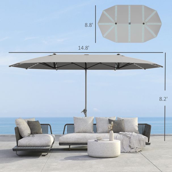15ft Double-Sided Outdoor Umbrella With Solar Lights, UPF50+ Extra Large Aluminum Patio Umbrella With Crank, Dark Gray_maomaolike.com