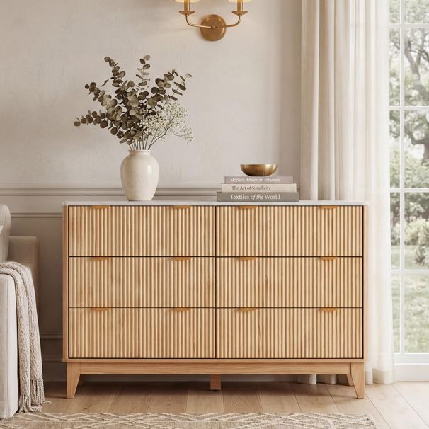 6-Drawer Dresser With Fluted Design And Gold Accents, 54" Wide Wood Storage Chest For Bedroom Living Room Entryway_maomaolike.com