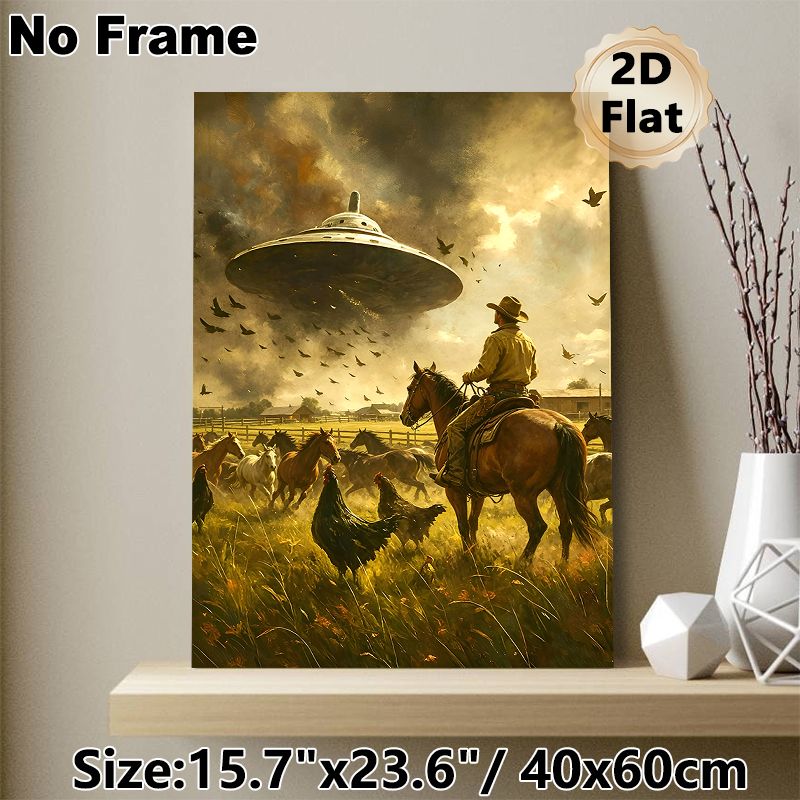 Cowboy & UFO Themed Painting Poster, Vintage Western Style Dramatic Rural Scene Poster, Unique Surreal Artwork Ideal For Living Room, Study Wall Decor_maomaolike.com