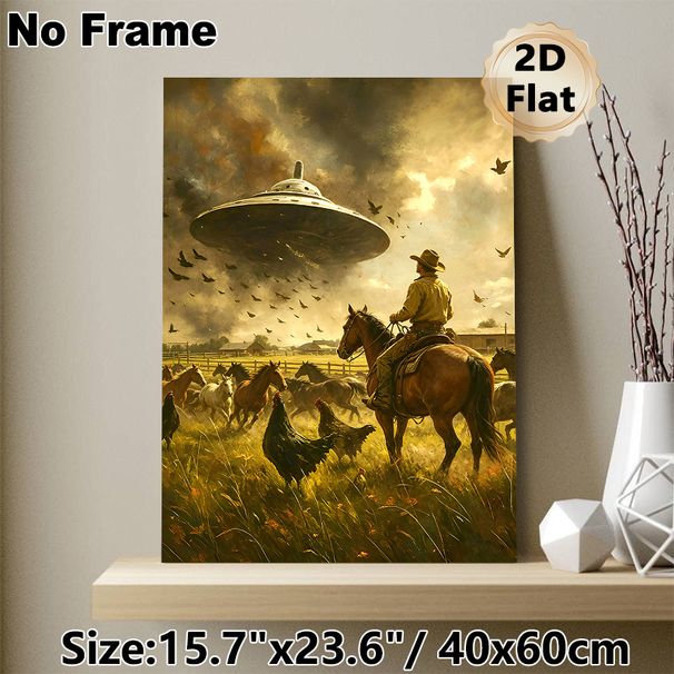 Cowboy & UFO Themed Painting Poster, Vintage Western Style Dramatic Rural Scene Poster, Unique Surreal Artwork Ideal For Living Room, Study Wall Decor_maomaolike.com