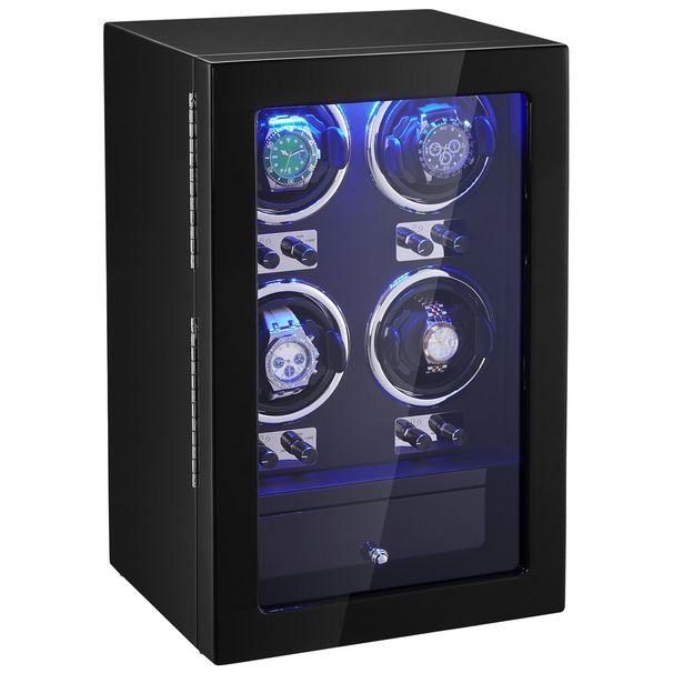 Watch Winder, Watch Winder For 4 Men's And Women's Automatic Watches, With 4 Super Quiet Japanese Mabuchi Motors, Blue LED Light And Adapter, High-Density Board Shell And Black PU_maomaolike.com