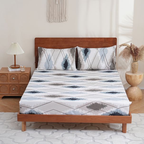 Gray White Blue Geometric Diamond Polyester Skin Friendly Bed Mattress Protector Fitted Sheet_maomaolike.com