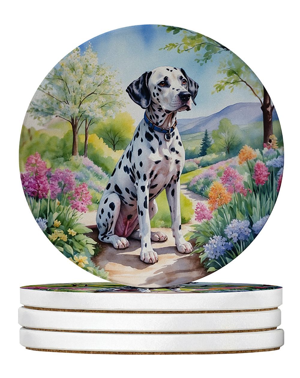 Dalmatian Spring Path Large Sandstone Coasters Pack Of 4 Absorbent Round Coasters Decor Gifts For Men Or Women, 4 In, Multicolor_maomaolike.com