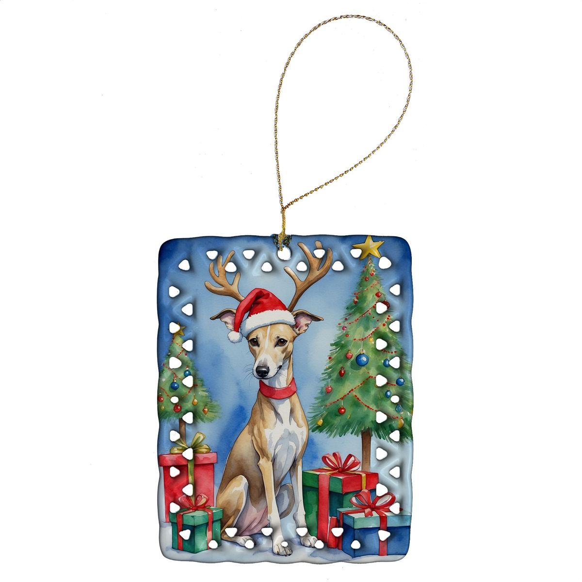 Whippet Christmas Reindeer Porcelain Ornament Christmas Tree Hanging Decorations For Home Christmas Holiday, Rectangle, Gift, Multicolor_maomaolike.com