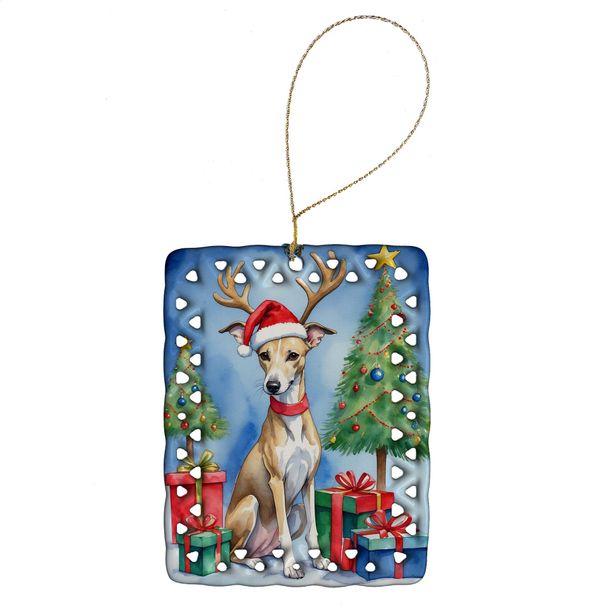 Whippet Christmas Reindeer Porcelain Ornament Christmas Tree Hanging Decorations For Home Christmas Holiday, Rectangle, Gift, Multicolor_maomaolike.com