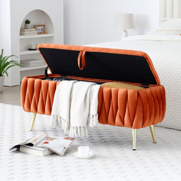 Oval Storage Bench With Gold Legs,Velvet Fabric ,Woven,Upholstered Ottoman Storage Benches For Bedroom End Of Bed,Sherpa Fabric Bench For Living Room,Dining Room,Entryway,Bed Side,Orange,5 Colors_maomaolike.com