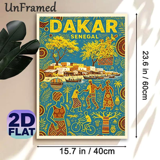 Dakar Senegal Folk Style Painting Poster, Vibrant Ethnic Art Scene Poster, Captures Authentic Local Village & Waterfront Life, Ideal For Home Wall_maomaolike.com