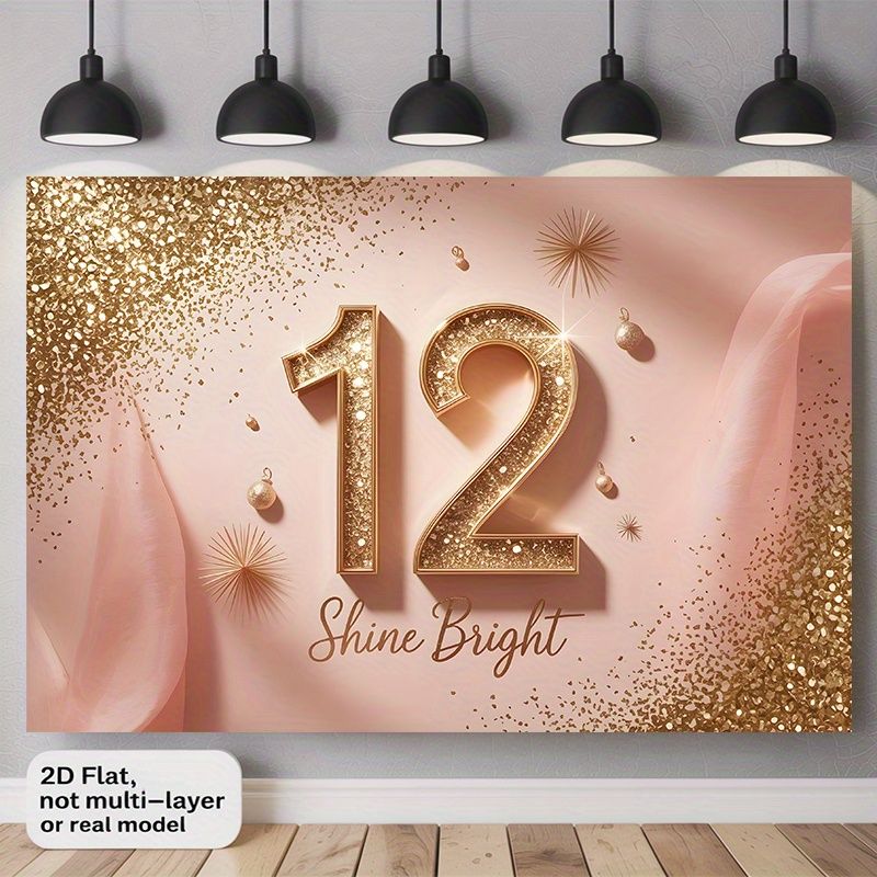 12th Birthday Party Backdrop - 2D Flat Polyester Wall Hanging With Glitter Shine Bright Text, Pink Golden Sparkles, Photo Props_maomaolike.com