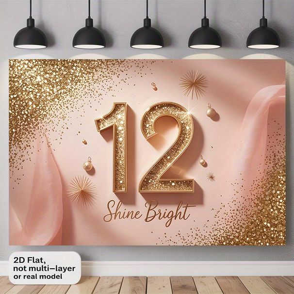 12th Birthday Party Backdrop - 2D Flat Polyester Wall Hanging With Glitter Shine Bright Text, Pink Golden Sparkles, Photo Props_maomaolike.com
