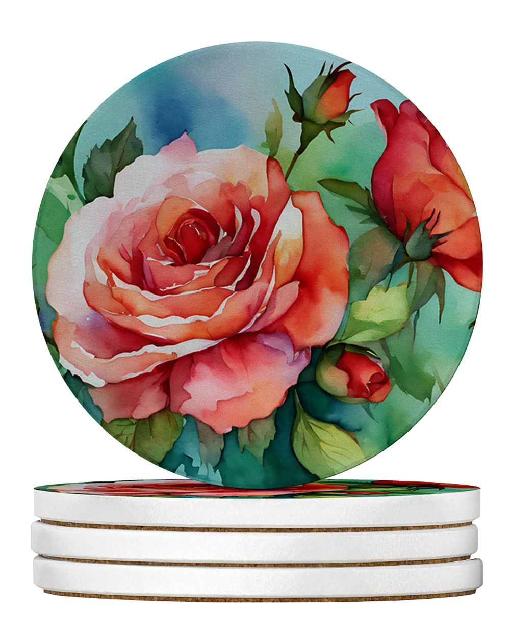 Oklahoma Roses In Watercolor Large Sandstone Coasters Pack Of 4 Absorbent Round Coasters Decor Gifts For Men Or Women, 4 In, Multicolor_maomaolike.com