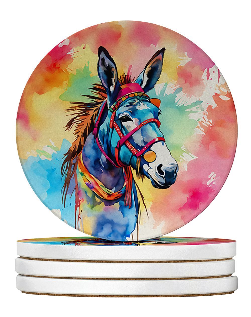 Hippie Animal Donkey Large Sandstone Coasters Pack Of 4 Absorbent Round Coasters Decor Gifts For Men Or Women, 4 In, Multicolor_maomaolike.com