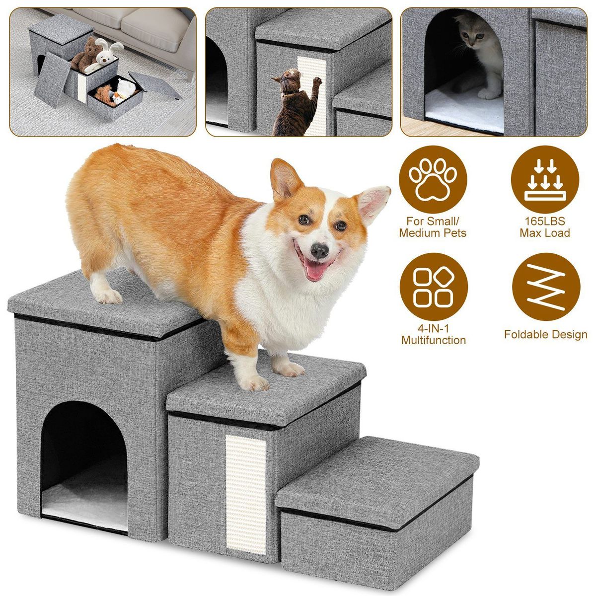 Dog Stairs For Bed And Couch 42cm H, Foldable Dog Stairs For Small Older Dogs Cats, 4 In 1 Adjustable Pet Cat Stairs Steps With Storage, Dog Ramps With Condo, Cat Scratcher, Hold Up To 180LBS_maomaolike.com