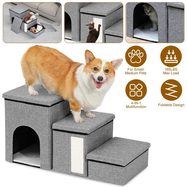 Dog Stairs For Bed And Couch 42cm H, Foldable Dog Stairs For Small Older Dogs Cats, 4 In 1 Adjustable Pet Cat Stairs Steps With Storage, Dog Ramps With Condo, Cat Scratcher, Hold Up To 180LBS_maomaolike.com