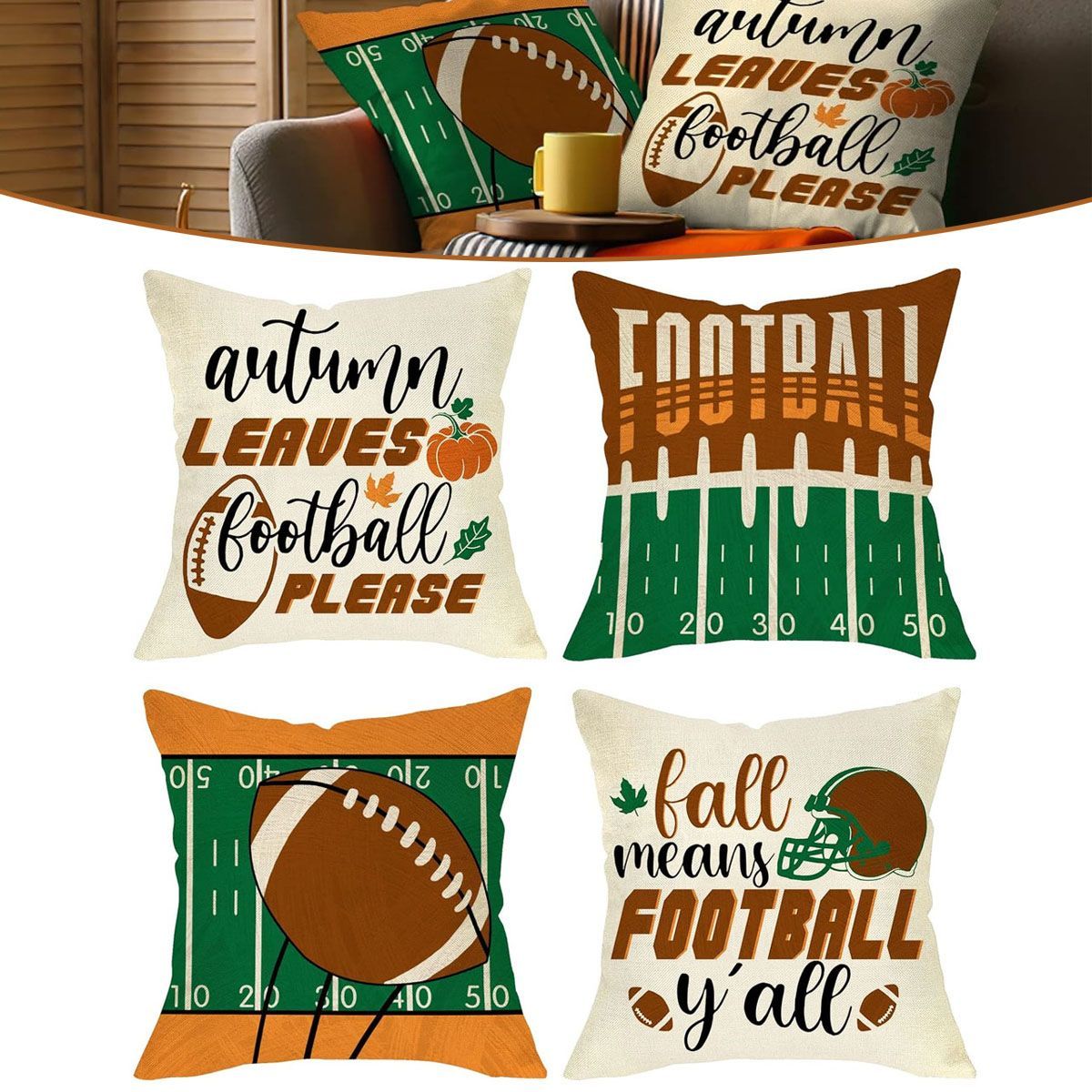 4 Pcs Fall Football Season Pillow Covers 18 X 18 Inch Rugby Sport Helmet Pumpkin Pattern Pillowcase Autumn Leaves Football Please Quote Pillow Cover For Home Couch Chair Sofa Decoration_maomaolike.com