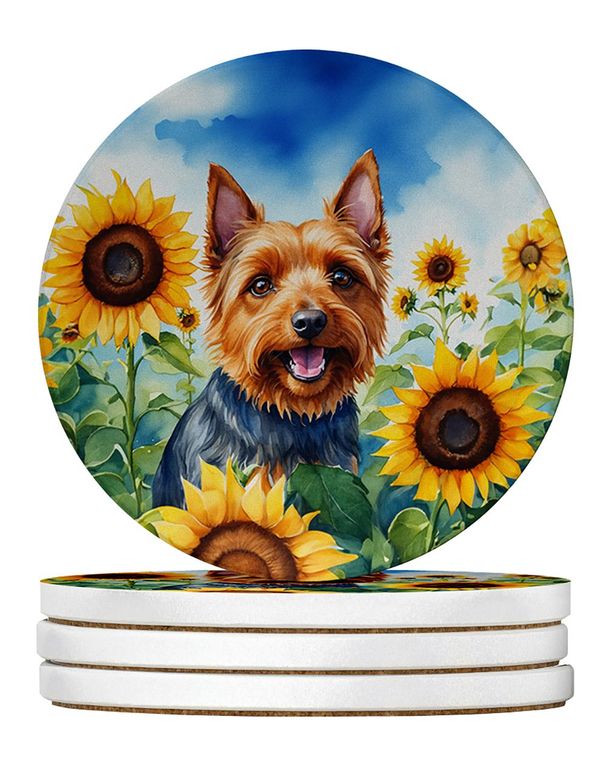 Australian Terrier In Sunflowers Large Sandstone Coasters Pack Of 4 Absorbent Round Coasters Decor Gifts For Men Or Women, 4 In, Multicolor_maomaolike.com