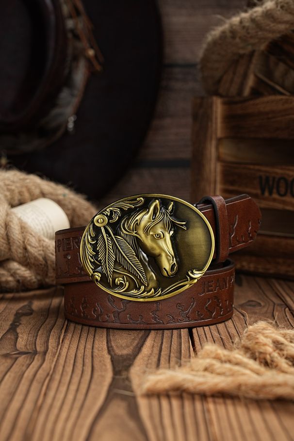 HOT Western Cowboy PU Leather Belt - Men Waist Strap Bull Decoration Floral Engraved for Jeans_maomaolike.com