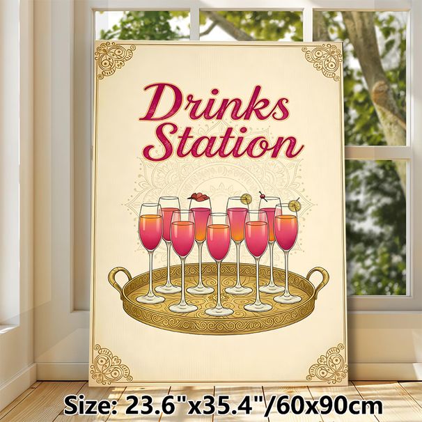 Drinks Station Painting Poster, Vintage Decorative Style With Elegant Cocktail Tray Illustration Poster, Warm Drink-themed Decor Ideal For Bars_maomaolike.com