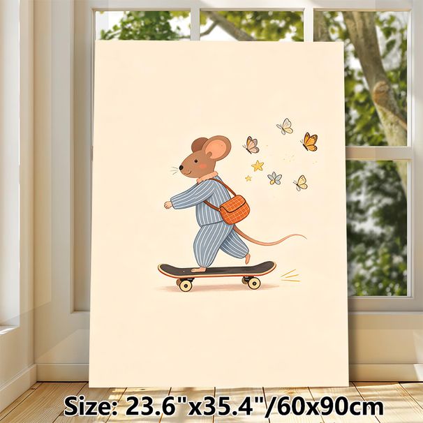 Skateboarding Mouse Painting Poster, Warm-toned Cute Cartoon Poster, Playful Design Of Mouse In Striped Outfit On Skateboard With Butterflies, Brings_maomaolike.com