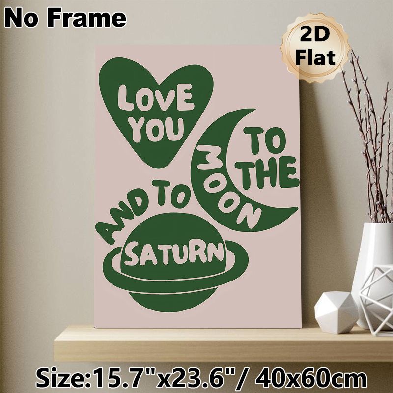 Love You To The Moon And Saturn Painting Poster, Minimalist Retro Green Heart & Celestial Graphic Poster, Warm Romantic Decor Ideal For Bedroom_maomaolike.com