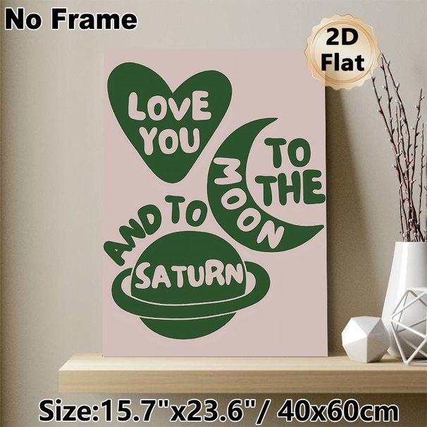 Love You To The Moon And Saturn Painting Poster, Minimalist Retro Green Heart & Celestial Graphic Poster, Warm Romantic Decor Ideal For Bedroom_maomaolike.com