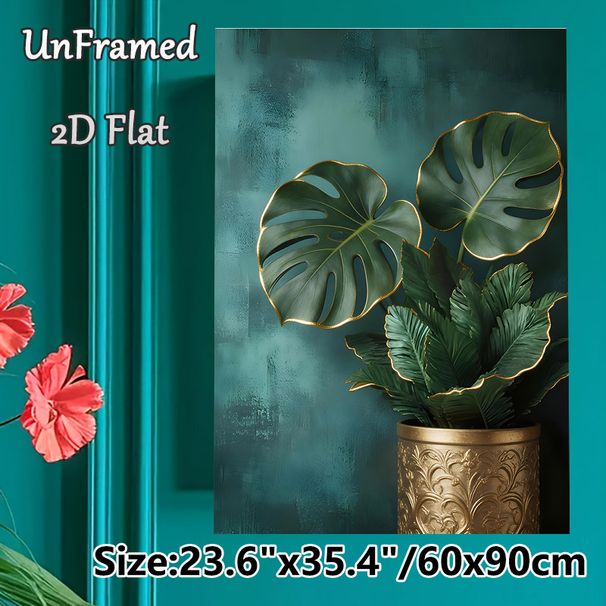 Monstera & Tropical Leaves Painting Poster, Luxury Gilded Foliage Poster, Golden-trimmed Leaves In Embossed Golden Pot With Textured Teal Backdrop_maomaolike.com