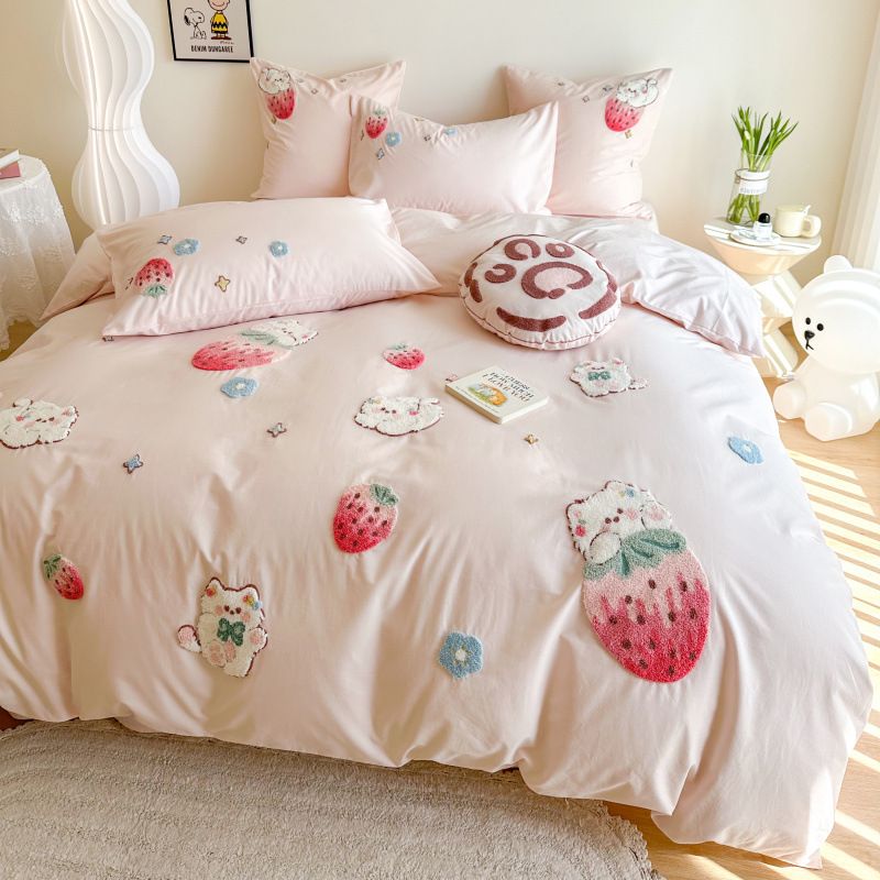 Cute Cat Girly Heart Washed Embroidered Four-Piece Set Soft Pure Cotton Duvet Cover Bedding 1.2m_maomaolike.com