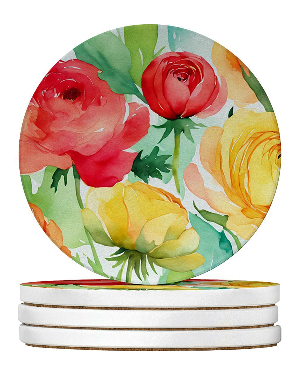 Ranunculus In Watercolor Large Sandstone Coasters Pack Of 4 Absorbent Round Coasters Decor Gifts For Men Or Women, 4 In, Multicolor_maomaolike.com