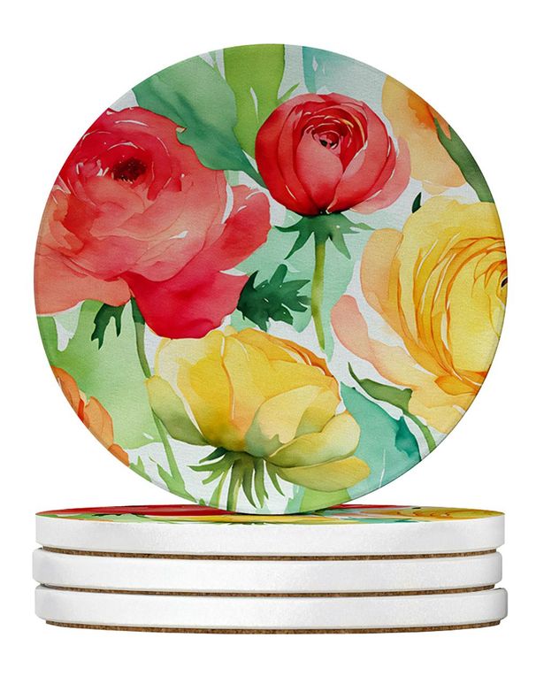 Ranunculus In Watercolor Large Sandstone Coasters Pack Of 4 Absorbent Round Coasters Decor Gifts For Men Or Women, 4 In, Multicolor_maomaolike.com