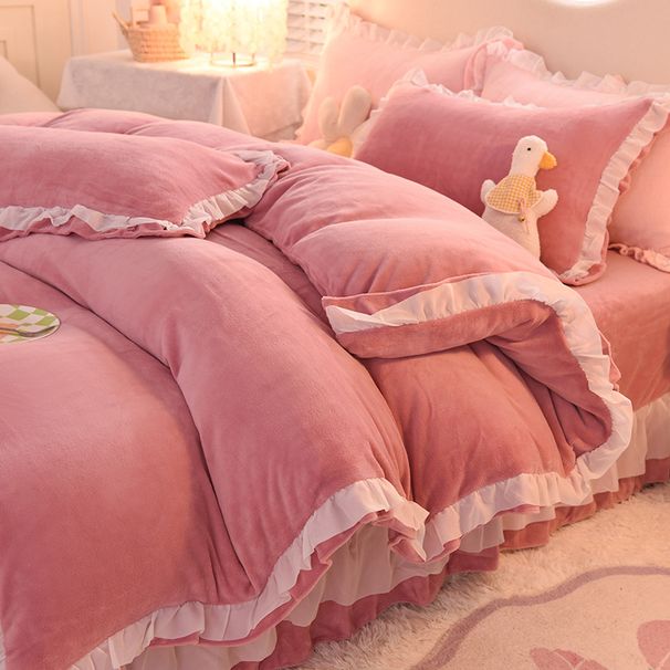 Korean Version Thickened Bed Skirt Style Milk Four-Piece Winter Warm Crystal Duvet Cover Coral Velvet Three-Piece Set Wholesale_maomaolike.com