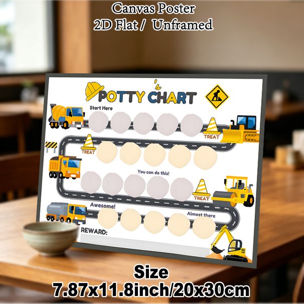 Construction Vehicle Potty Chart Painting Poster, Bright Cartoon Construction Vehicle Scene Poster, Motivational Design To Track Potty Training_maomaolike.com