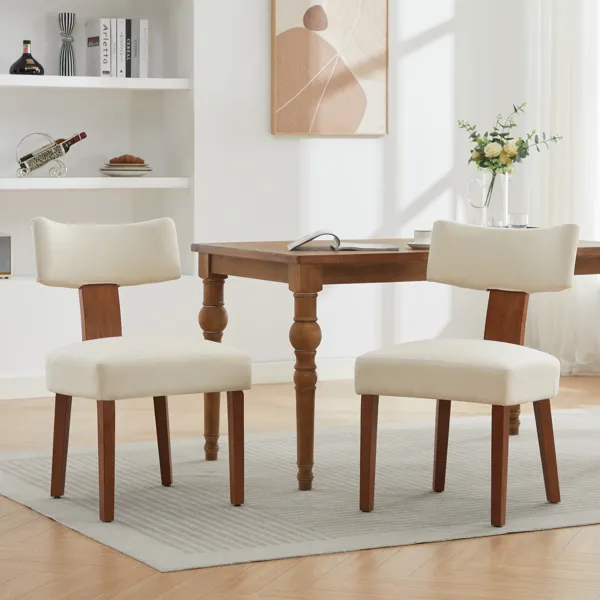 064-Set Of 2 Linen Fabric Modern Armless Dining Chairs With Curved Backrest And Solid Wooden Legs For Dining Room Living Room ,Beige_maomaolike.com