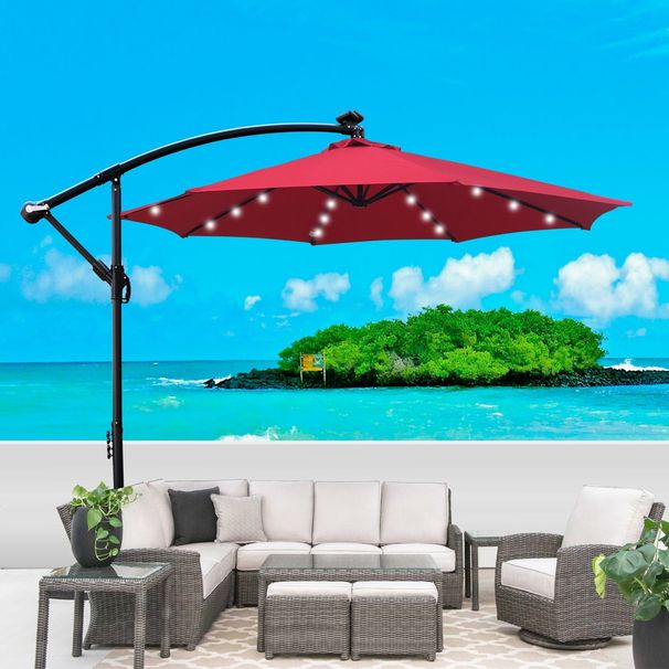 10 Ft Outdoor Patio Umbrella Solar Powered LED Lighted Sun Shade Market Waterproof 8 Ribs Umbrella With Crank And Cross Base For Garden Deck Backyard Pool Shade Outside Deck Swimming Pool_maomaolike.com