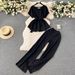 Women's Clothing retro fashion round neck short sleeved tie waist top two piece suit women's casual loose high waist wide leg trousers_maomaolike.com