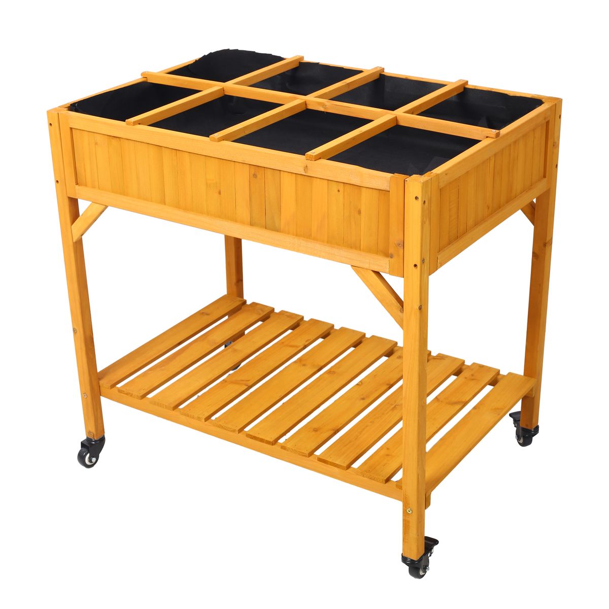 Elevated 8 Pocket Herb Garden Bed, Mobile Raised Customizable Wood Planter For Herbs, Vegetables, Flowers W/ Lockable Wheels, Storage Shelf, Drainage Holes_maomaolike.com