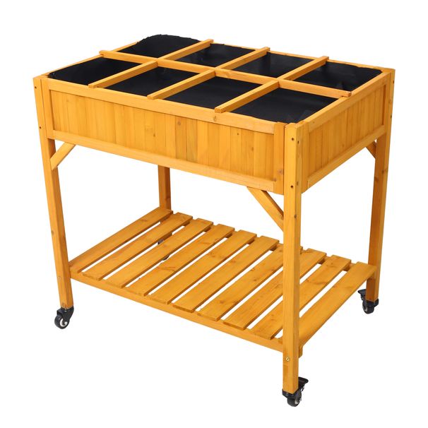 Elevated 8 Pocket Herb Garden Bed, Mobile Raised Customizable Wood Planter For Herbs, Vegetables, Flowers W/ Lockable Wheels, Storage Shelf, Drainage Holes_maomaolike.com