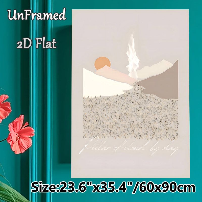 Pillar Of Cloud By Day Themed Painting Poster, Minimalist Neutral-toned Mountain & Sun Scene Poster, Serene Artistic Design Ideal For Living Room_maomaolike.com